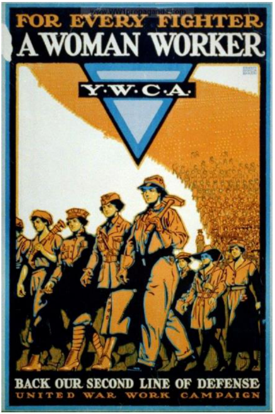 F2 Cartaz em tons de amarelo, preto e azul, com mulheres uniformizadas marchando, algumas carregando ferramentas, e uma multidão ao fundo. No alto, lê-se “FOR EVERY FIGHTER” e “A WOMAN WORKER”. Abaixo, um triângulo invertido azul traz a inscrição “Y.W.C.A.”. Na parte inferior, lê-se “BACK OUR SECOND LINE OF DEFENSE” e “UNITED WAR WORK CAMPAIGN”. No topo há o endereço “www.ww1propaganda.com”.