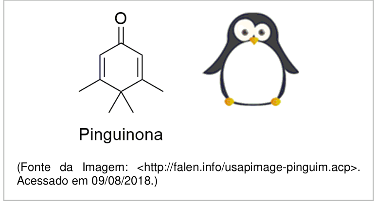 F1 Fórmula estrutural da molécula pinguinona ao lado do desenho estilizado de um pinguim.