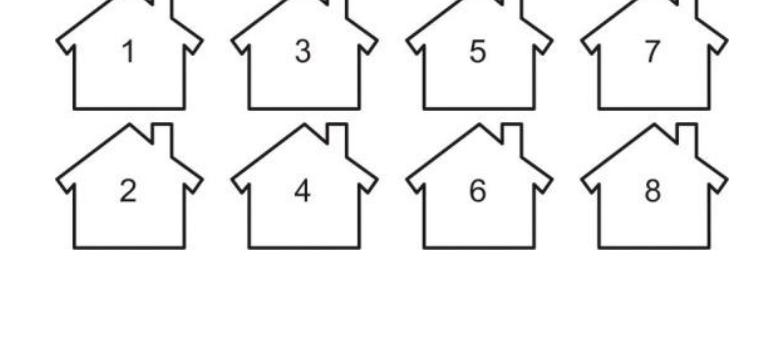 Esquema com oito casas representadas por silhuetas dispostas em duas fileiras paralelas: a fileira superior contém as casas 1, 3, 5 e 7, e a fileira inferior contém as casas 2, 4, 6 e 8.