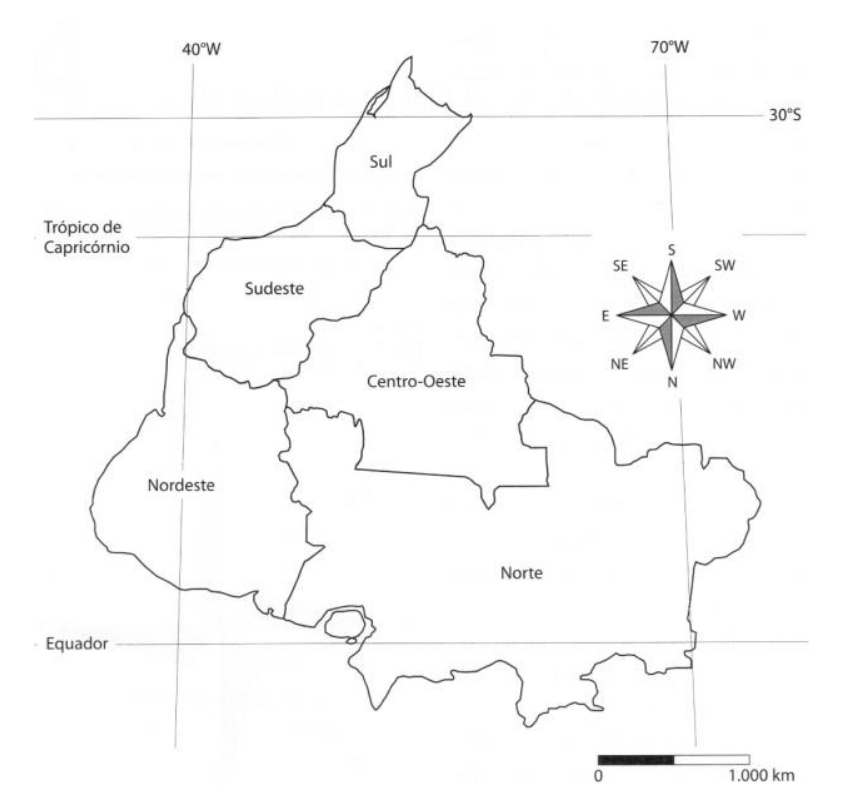 F1 Mapa do Brasil invertido de ponta-cabeça com a indicação das regiões (Sul na parte superior, Norte na inferior, Nordeste à esquerda, Sudeste e Centro-Oeste), rosa dos ventos com o ponto cardeal S apontado para cima e N para baixo, e linhas com as coordenadas geográficas de paralelos (Equador, Trópico de Capricórnio, 30°S) e meridianos (40°W, 70°W).