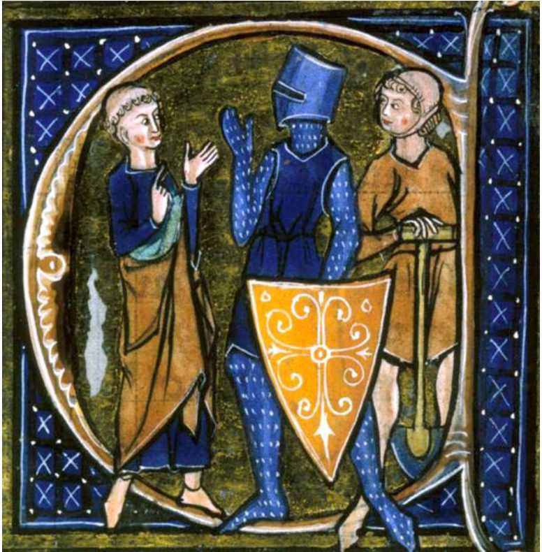 F2 Iluminura medieval do século XIII retratando a sociedade trifuncional: à esquerda, um membro do clero com vestes religiosas; ao centro, um cavaleiro com armadura completa, elmo e escudo decorado; à direita, um trabalhador camponês segurando uma ferramenta de cultivo (pá), todos no interior de uma inicial ornamentada.