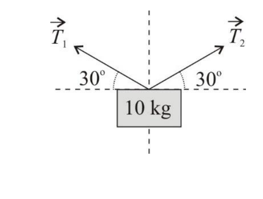 Objeto de massa 10 kg suspenso na junção de duas forças de tração, representadas pelos vetores T1 e T2, que formam, cada uma, um ângulo de 30° acima de uma linha tracejada horizontal. Há também uma linha tracejada vertical no eixo de simetria.