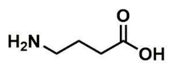 Fórmula estrutural plana do composto GABA, composta por um grupo amino terminal H2N ligado a uma cadeia de três carbonos, conectada a uma carboxila terminal C(=O)OH.