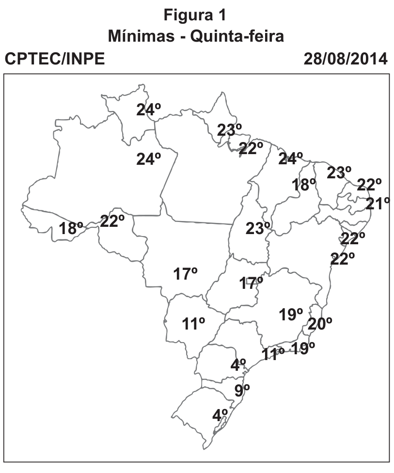 Mapa do Brasil com temperaturas mínimas registradas pelo CPTEC/INPE no dia 28/08/2014 em diversos estados, variando entre 4° no Sul e 24° no Norte e Nordeste.