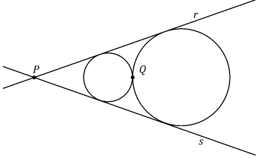 F1 Duas circunferências tangentes externamente entre si no ponto Q tangenciadas pelas retas r e s que se intersectam no ponto P