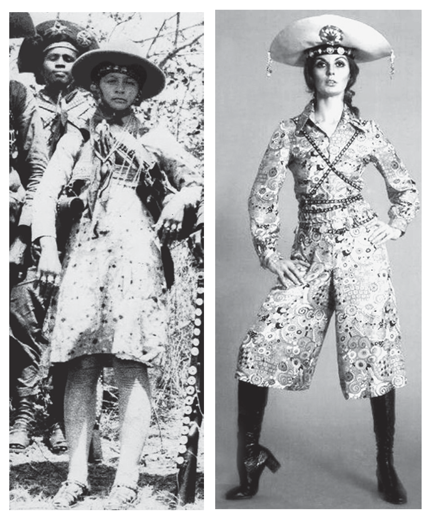 Duas fotografias lado a lado em preto e branco. Na Figura 1, à esquerda, recorte fotográfico de Maria Bonita na década de 1930, em pé na caatinga, usando chapéu de cangaceiro de aba virada para cima, vestido claro, cartucheiras cruzadas no peito e segurando um fuzil; atrás dela, vê-se outro cangaceiro com chapéu estrelado. Na Figura 2, à direita, modelo em estúdio veste traje da coleção de Zuzu Angel de 1969, composto de camisa e calça ampla estampadas, cintos de couro cruzados em X no peito e na cintura, botas pretas de cano longo e chapéu estilizado de cangaceiro ornado com broche frontal e pingentes pendurados nas laterais da aba.