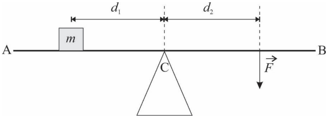 F1 Prancha retilínea AB apoiada sobre um suporte triangular no ponto C. À esquerda de C, a uma distância d₁, há um bloco de massa m. À direita de C, a uma distância d₂, há uma força vetorial F apontando para baixo.