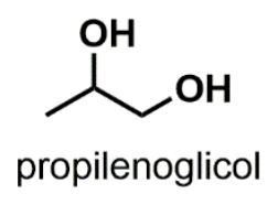 F1 Fórmula estrutural plana do propilenoglicol com grupos hidroxila nos carbonos 1 e 2, com a legenda "propilenoglicol" abaixo.