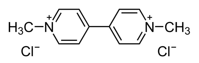 Estrutura química do dicloreto de 1,1'-dimetil-4,4'-bipiridínio (Paraquat), composta por dois anéis piridínio conectados, com grupos metil (H3C) ligados aos nitrogênios positivamente carregados e dois ânions cloreto (Cl⁻) como contra-íons.