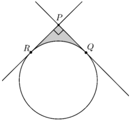 F1 Duas retas perpendiculares se intersectam no ponto P e tangenciam uma circunferência nos pontos R e Q. A região delimitada pelos segmentos PR, PQ e pelo arco de circunferência menor entre R e Q está hachurada de cinza.