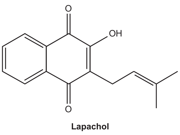 Fórmula estrutural plana do lapachol, composta por um núcleo naftoquinona com uma hidroxila ligada ao anel com as carbonilas e uma cadeia lateral 3-metilbut-2-en-1-ila