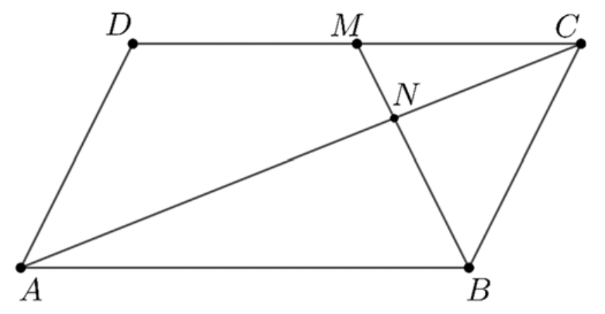 F1 Paralelogramo ABCD, com A no vértice inferior esquerdo, B no inferior direito, C no superior direito e D no superior esquerdo. O ponto M está no lado CD. A diagonal AC e o segmento BM se cruzam no ponto N.