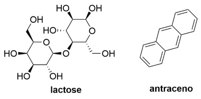 Fórmulas estruturais dos compostos lactose e antraceno. A lactose é representada como um dissacarídeo com suas ligações e grupos hidroxila em estereoquímica de cunha e traço; o antraceno é representado por três anéis benzênicos fundidos linearmente.