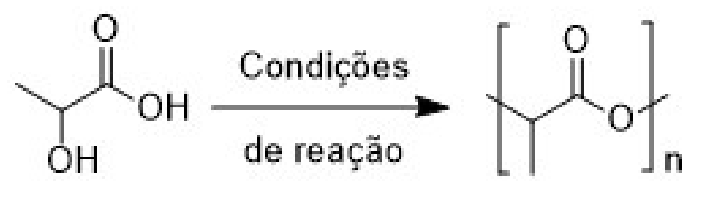 F1 Equação química representando a polimerização do ácido lático em PLA, com a seta indicando "Condições de reação" e o produto final entre colchetes com índice n.