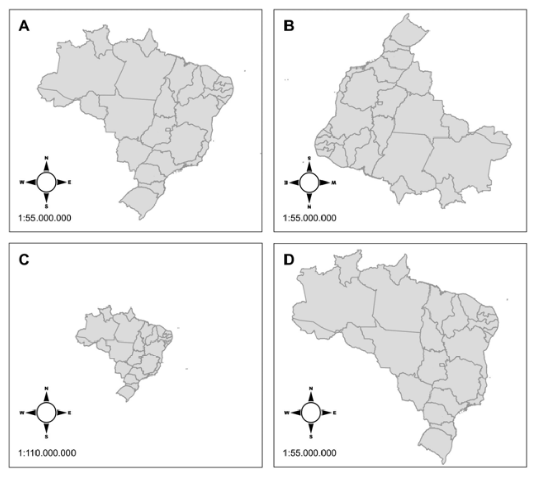 Quatro mapas do Brasil em uma grade de dois por dois, identificados pelas letras A, B, C e D. O mapa A apresenta a orientação padrão (Norte para cima) e escala 1:55.000.000. O mapa B está invertido (de ponta-cabeça), com a rosa dos ventos apontando o Sul para cima e escala 1:55.000.000. O mapa C mantém a orientação padrão, porém em tamanho reduzido, com escala 1:110.000.000. O mapa D tem a orientação padrão e escala 1:55.000.000, mas com distorções na forma e proporção do território decorrentes de uma projeção cartográfica diferente.
