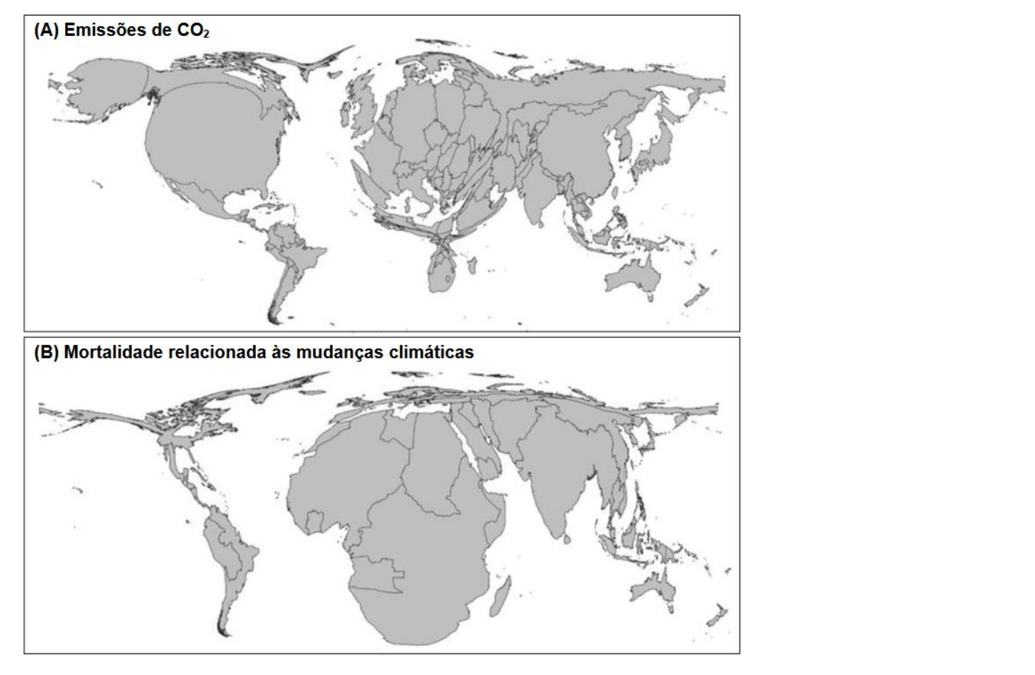 F1 Dois cartogramas mundiais comparativos: no superior, intitulado "(A) Emissões de CO2", países da América do Norte e Europa aparecem bastante inflados, enquanto a África e a América do Sul estão bastante reduzidas; no inferior, intitulado "(B) Mortalidade relacionada às mudanças climáticas", o continente africano e partes da Ásia meridional aparecem fortemente expandidos, enquanto a América do Norte e a Europa quase desaparecem em faixas estreitas.