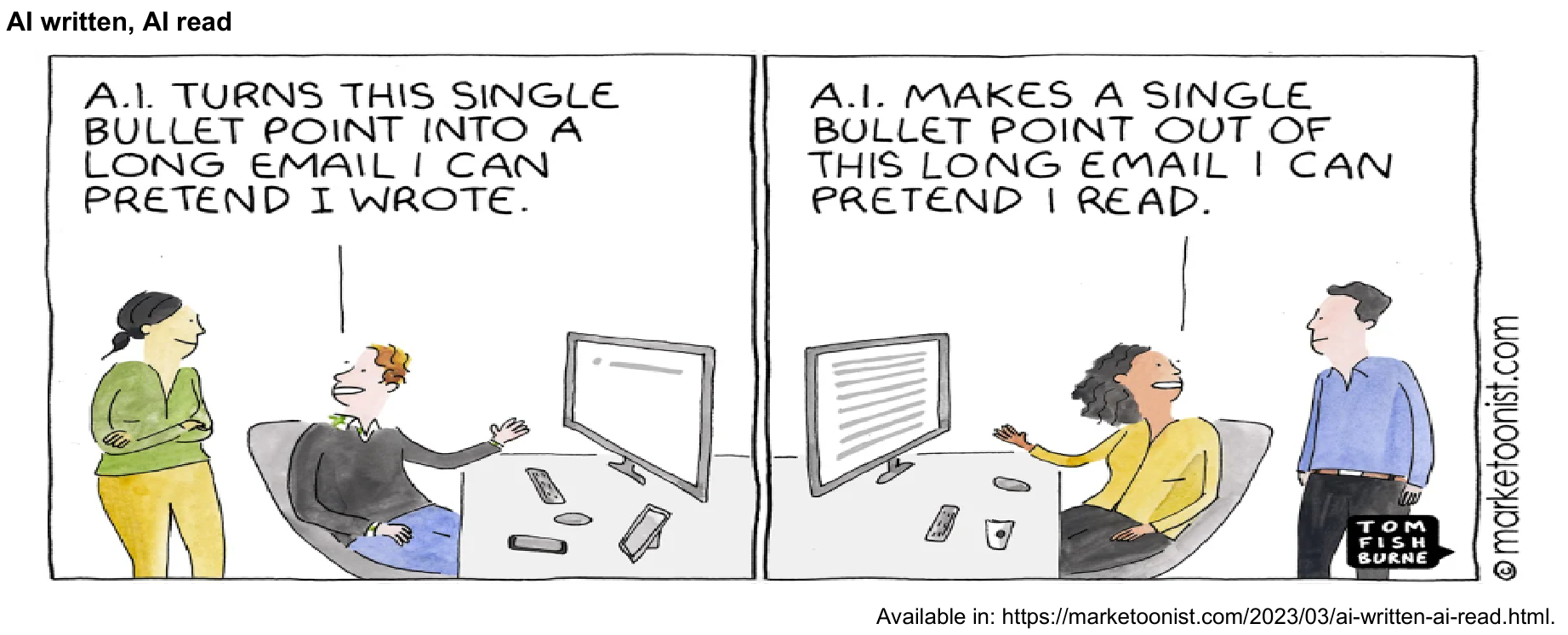 Tirinha com o título "AI written, AI read", de Tom Fishburne. O primeiro quadro mostra um homem sentado diante de um monitor de computador que exibe um único tópico (bullet point). Ele gesticula e diz para uma colega em pé: "A.I. TURNS THIS SINGLE BULLET POINT INTO A LONG EMAIL I CAN PRETEND I WROTE.". O segundo quadro mostra uma mulher sentada diante de um monitor que exibe um texto longo em várias linhas. Ela diz a um colega em pé: "A.I. MAKES A SINGLE BULLET POINT OUT OF THIS LONG EMAIL I CAN PRETEND I READ.". No canto inferior direito da tirinha há a assinatura "TOM FISHBURNE" e a indicação "© marketoonist.com", seguida do crédito: "Available in: https://marketoonist.com/2023/03/ai-written-ai-read.html."