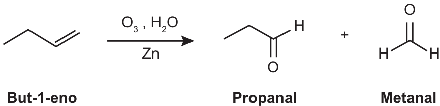 Esquema da ozonólise do but-1-eno com O₃, H₂O e Zn, formando propanal e metanal.