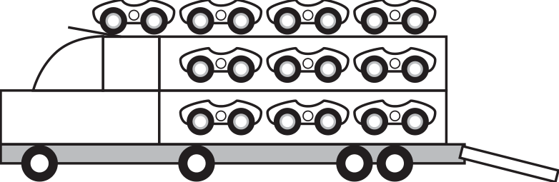 Desenho esquemático de um caminhão-cegonha transportando dez carrinhos em três níveis: quatro na parte superior, três na plataforma intermediária e três na plataforma inferior.
