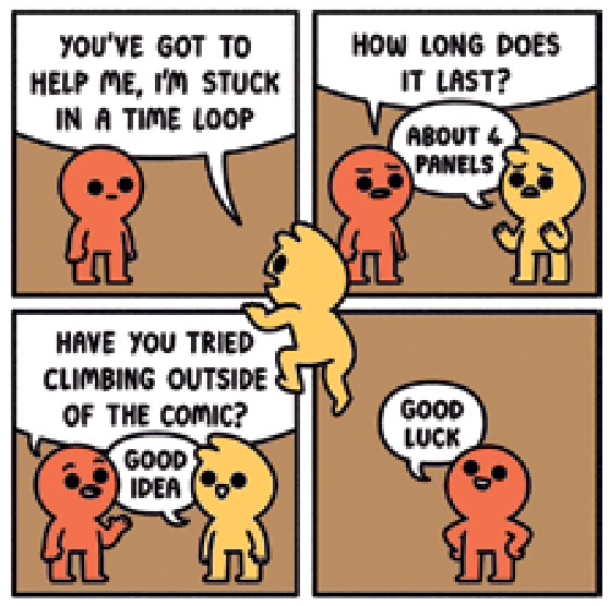 Tirinha de quatro quadrinhos de Safely Endangered com dois personagens, um vermelho e um amarelo, dialogando sobre estar preso em um loop temporal, enquanto uma figura do personagem amarelo escala para fora dos quadrinhos no centro da imagem.