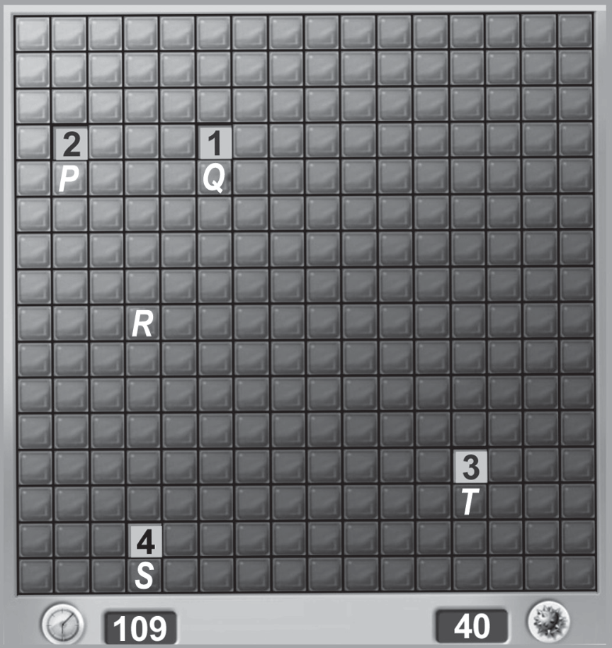 F1 Interface do jogo Campo Minado com tabuleiro de 16 por 16 quadrados. Quatro posições mostram números: um número 2 com a letra P no quadrado imediatamente abaixo; um número 1 com a letra Q no quadrado imediatamente abaixo; um número 4 com a letra S no quadrado imediatamente abaixo; e um número 3 com a letra T no quadrado imediatamente abaixo. A letra R está em um quadrado não adjacente aos abertos. Na barra inferior, há a marcação de tempo 109 à esquerda e o total de 40 minas à direita.
