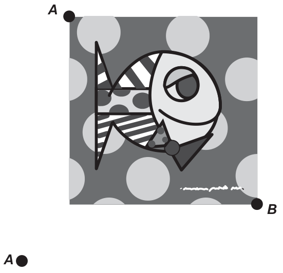 Tela quadrada intitulada O peixe na posição original, fixada nos pontos A (canto superior esquerdo) e B (canto inferior direito).