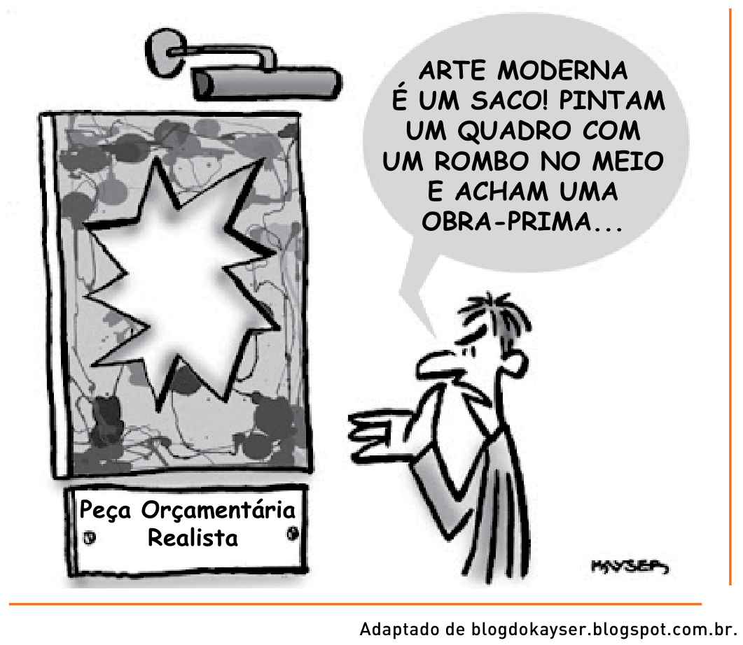 Charge de Kayser mostrando um homem diante de um quadro abstrato na parede que possui um grande rombo central recortado. Uma placa abaixo do quadro o intitula "Peça Orçamentária Realista". O homem comenta, irritado: "ARTE MODERNA É UM SACO! PINTAM UM QUADRO COM UM ROMBO NO MEIO E ACHAM UMA OBRA-PRIMA..."