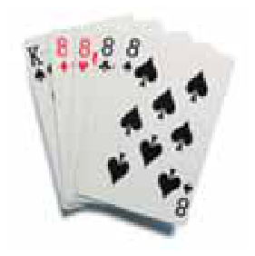 F2 Cinco cartas de baralho em leque exibindo uma quadra de número 8 (ouros, copas, paus e espadas) e um Rei de espadas.