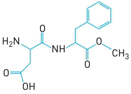 Fórmula estrutural da molécula com dois centros quirais que compõe o aspartame