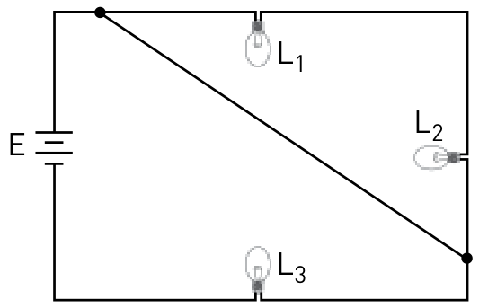 F2 O mesmo circuito elétrico anterior com um fio condutor ligando em diagonal o nó à esquerda de L1 ao nó abaixo de L2.