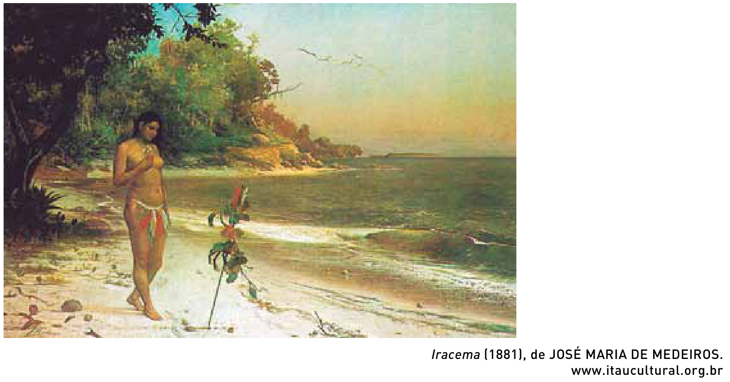 Pintura retratando uma mulher indígena de pé em uma praia deserta à beira-mar, cercada pela vegetação litorânea à esquerda e observando o mar com ondas calmas à direita. No canto inferior direito, lê-se: "Iracema (1881), de JOSÉ MARIA DE MEDEIROS. www.itaucultural.org.br".