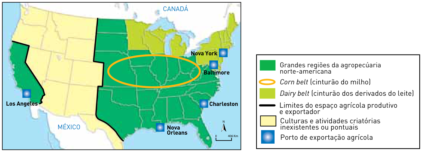 Mapa do espaço agropecuário dos Estados Unidos no início do século XXI, indicando regiões produtivas, com destaque para o Dairy belt (nordeste) e o Corn belt (centro-leste), além de portos de exportação agrícola como Los Angeles, Nova Orleans, Charleston, Baltimore e Nova York.