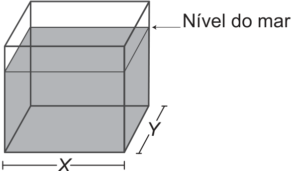 F1 Esquema de um viveiro em forma de prisma reto-retangular, com laterais sombreadas, nível do mar indicado por uma seta e lados da base identificados por X e Y.