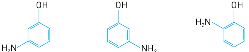 F6 Três fórmulas estruturais de anéis benzênicos com OH ligado ao carbono superior. Da esquerda para a direita, o grupo amino está ligado ao carbono inferior esquerdo, com rótulo H₂N; ao carbono inferior direito, com rótulo NH₂; e ao carbono superior esquerdo, com rótulo H₂N.