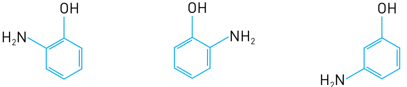 F7 Três fórmulas estruturais de anéis benzênicos com OH ligado ao carbono superior. Da esquerda para a direita, o grupo amino está ligado ao carbono superior esquerdo, com rótulo H₂N; ao carbono superior direito, com rótulo NH₂; e ao carbono inferior esquerdo, com rótulo H₂N.