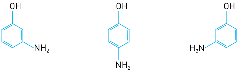 F8 Três fórmulas estruturais de anéis benzênicos com OH ligado ao carbono superior. Da esquerda para a direita, o grupo amino está ligado ao carbono inferior direito, com rótulo NH₂; ao carbono inferior, com rótulo NH₂; e ao carbono inferior esquerdo, com rótulo H₂N.