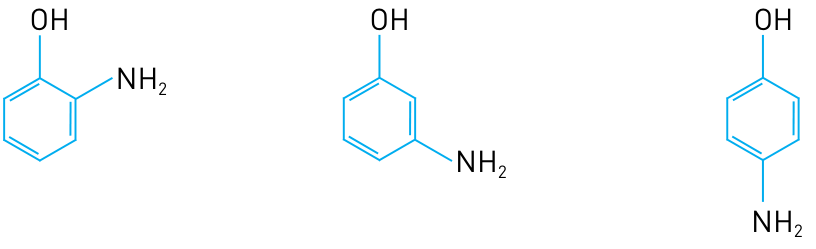 F9 Três fórmulas estruturais de anéis benzênicos com OH ligado ao carbono superior. Da esquerda para a direita, o grupo amino está ligado ao carbono superior direito, com rótulo NH₂; ao carbono inferior direito, com rótulo NH₂; e ao carbono inferior, com rótulo NH₂.