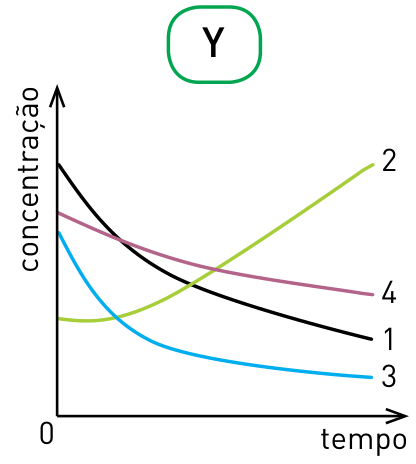 Gráfico Y relacionando concentração e tempo para as curvas 1, 2, 3 e 4