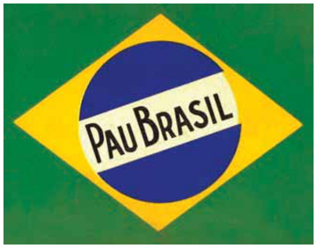 Capa do livro Pau-Brasil (1925), reproduzindo as formas e cores da bandeira do Brasil (verde, amarelo e azul) com os dizeres "PAU BRASIL" na faixa branca central