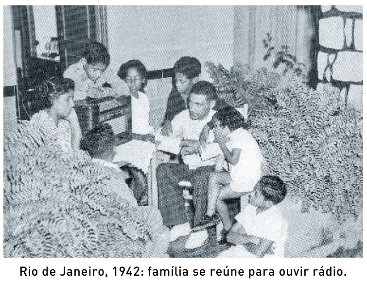 F2 Fotografia em preto e branco de uma família reunida em torno de um aparelho de rádio no Rio de Janeiro, em 1942. Legenda: "Rio de Janeiro, 1942: família se reúne para ouvir rádio."