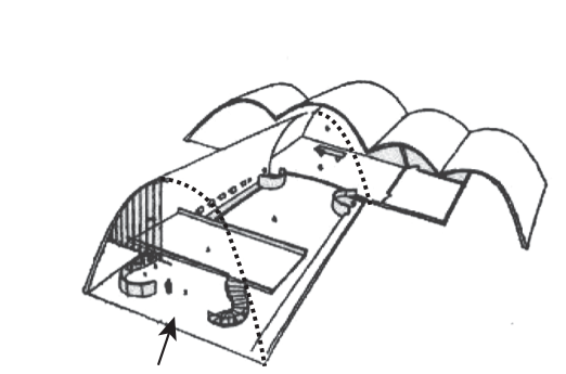 Desenho em perspectiva da estrutura da capela da Pampulha, com uma seta apontando para a abóbada parabólica da entrada principal.