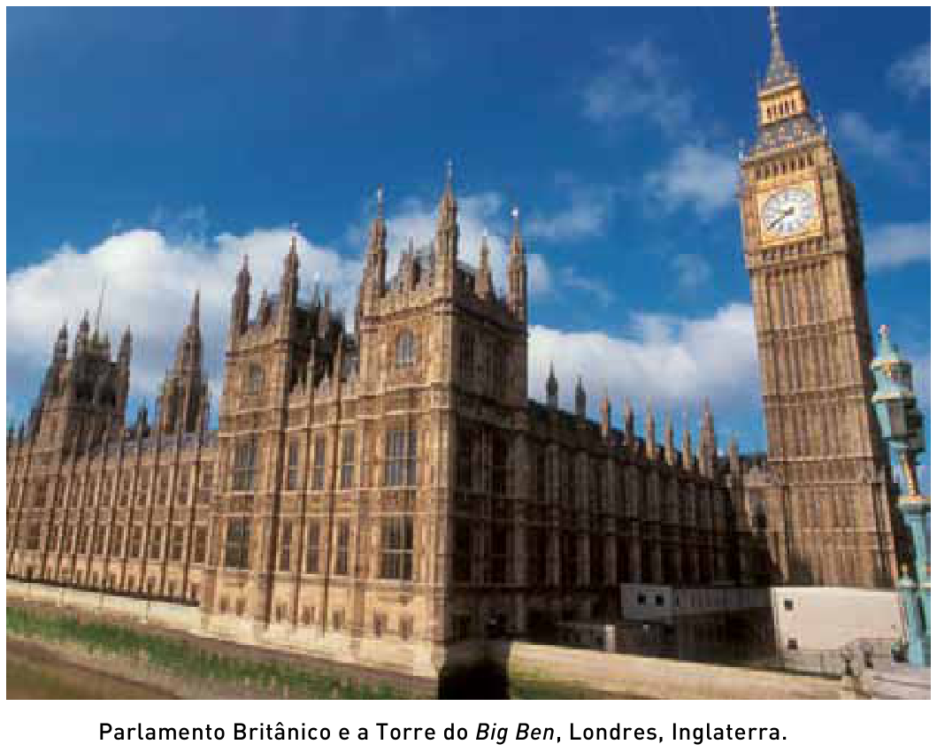 F1 Fotografia do Parlamento Britânico e da Torre do Big Ben, em Londres, com a legenda: Parlamento Britânico e a Torre do Big Ben, Londres, Inglaterra.