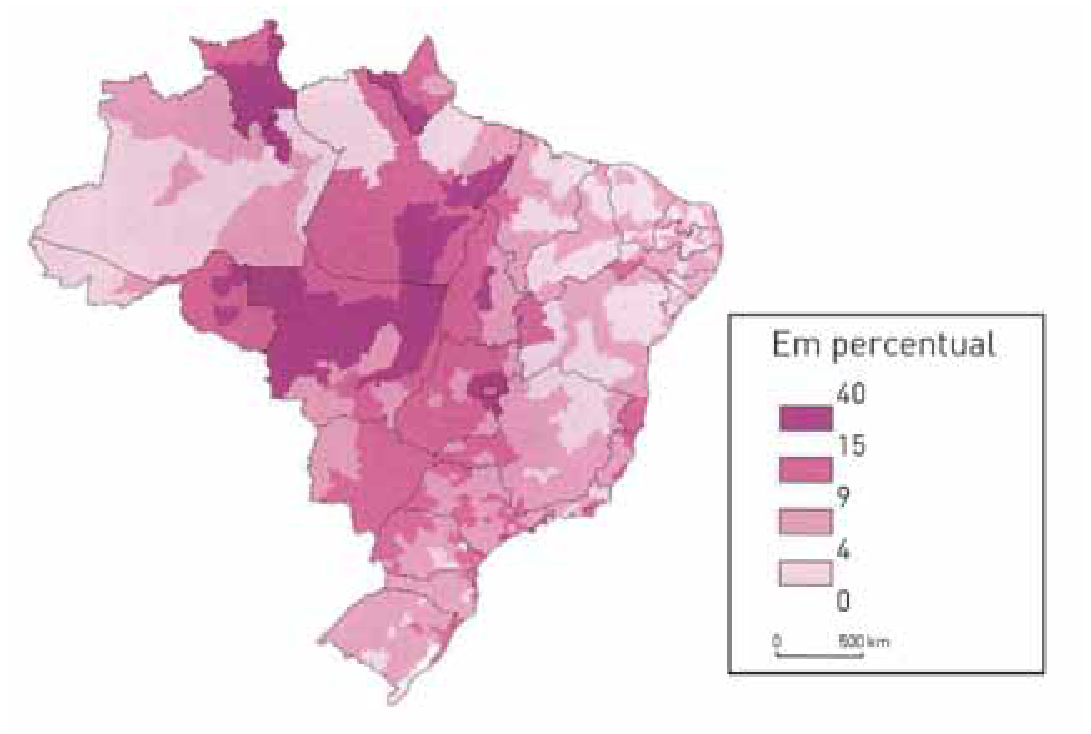 Mapa do Brasil mostrando a distribuição percentual dos migrantes na população em 1996, com legenda em escala de tons indicando percentuais de 0 a 40%, destacando as maiores concentrações no Centro-Oeste e partes do Norte.