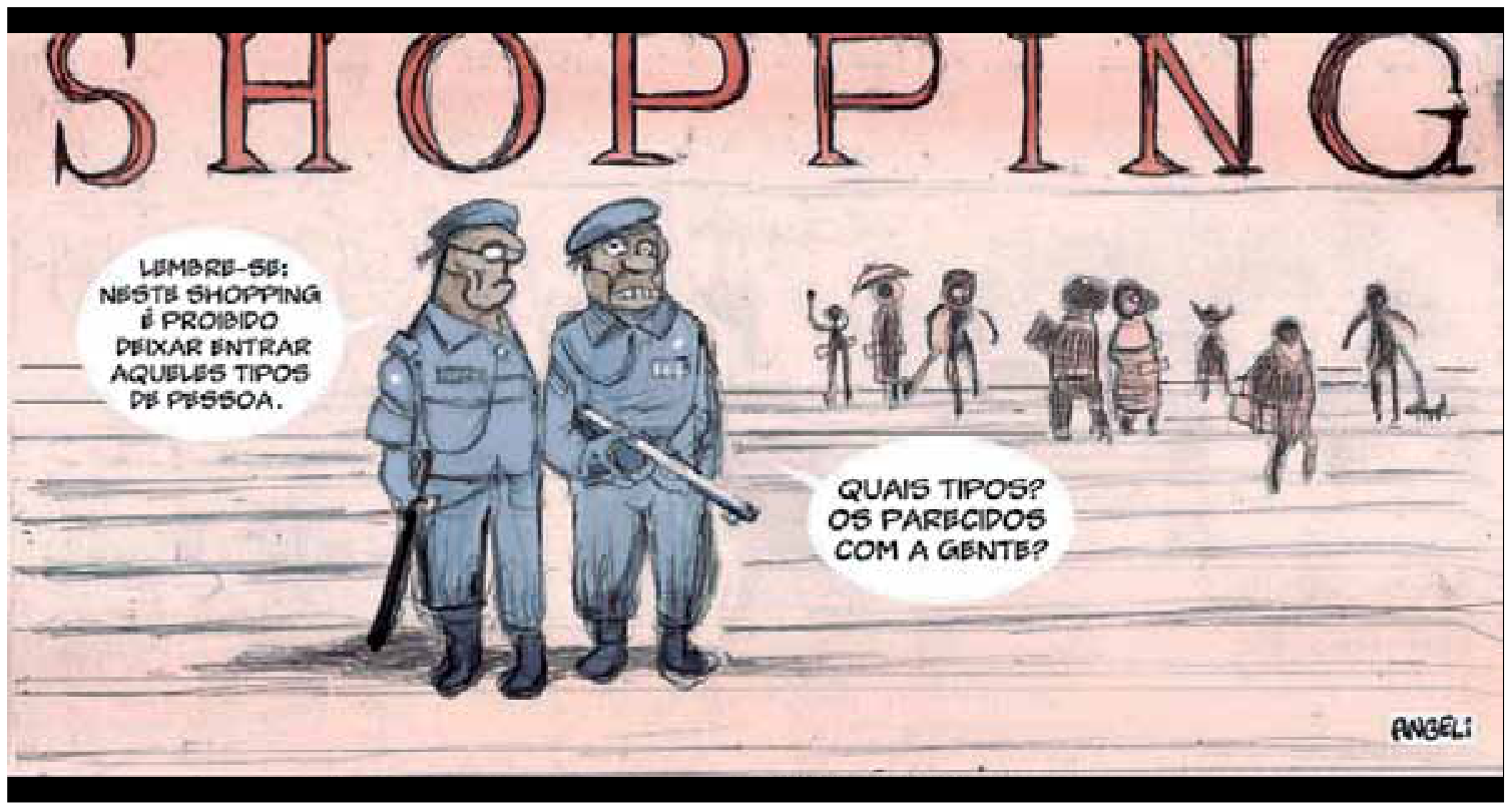 F1 Charge de Angeli ambientada na entrada de um shopping center, onde dois seguranças uniformizados e armados conversam. Ao fundo, lê-se a palavra "SHOPPING" em letras garrafais e veem-se pessoas caminhando. O segurança à esquerda diz: "LEMBRE-SE: NESTE SHOPPING É PROIBIDO DEIXAR ENTRAR AQUELES TIPOS DE PESSOA." O segurança à direita indaga: "QUAIS TIPOS? OS PARECIDOS COM A GENTE?".