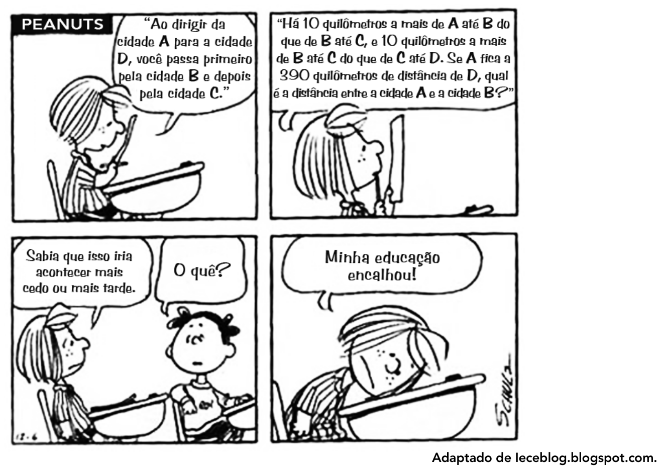 Tirinha de Peanuts com quatro quadrinhos com a personagem Patty Pimentinha sentada em sua carteira escolar. No primeiro quadrinho, ela lê um enunciado: "Ao dirigir da cidade A para a cidade D, você passa primeiro pela cidade B e depois pela cidade C.". No segundo, continua lendo: "Há 10 quilômetros a mais de A até B do que de B até C, e 10 quilômetros a mais de B até C do que de C até D. Se A fica a 390 quilômetros de distância de D, qual é a distância entre a cidade A e a cidade B?". No terceiro, ela comenta com o colega ao lado: "Sabia que isso iria acontecer mais cedo ou mais tarde.", ao que ele pergunta: "O quê?". No quarto quadrinho, ela deita a cabeça desanimada sobre a carteira e diz: "Minha educação encalhou!".