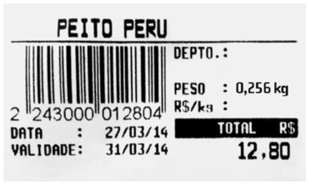 F1 Etiqueta com a descrição do produto PEITO PERU, código de barras, peso de 0,256 kg e valor total de 12,80 reais.