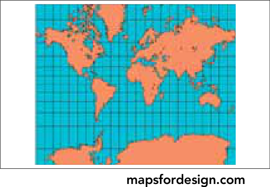 Mapa-múndi na projeção de Mercator, cilíndrica conforme com grade ortogonal e distorção de área nas altas latitudes.