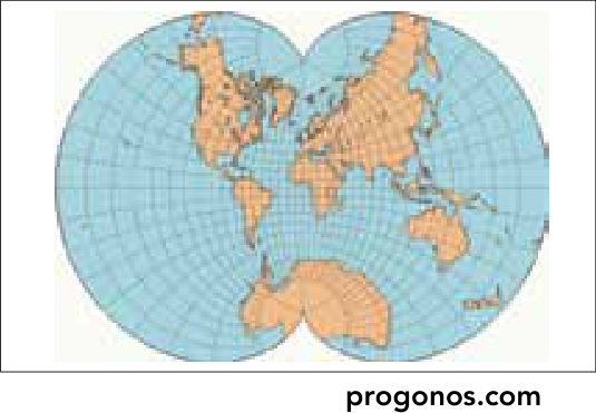 Mapa-múndi em projeção dividida em dois hemisférios circulares tangentes.