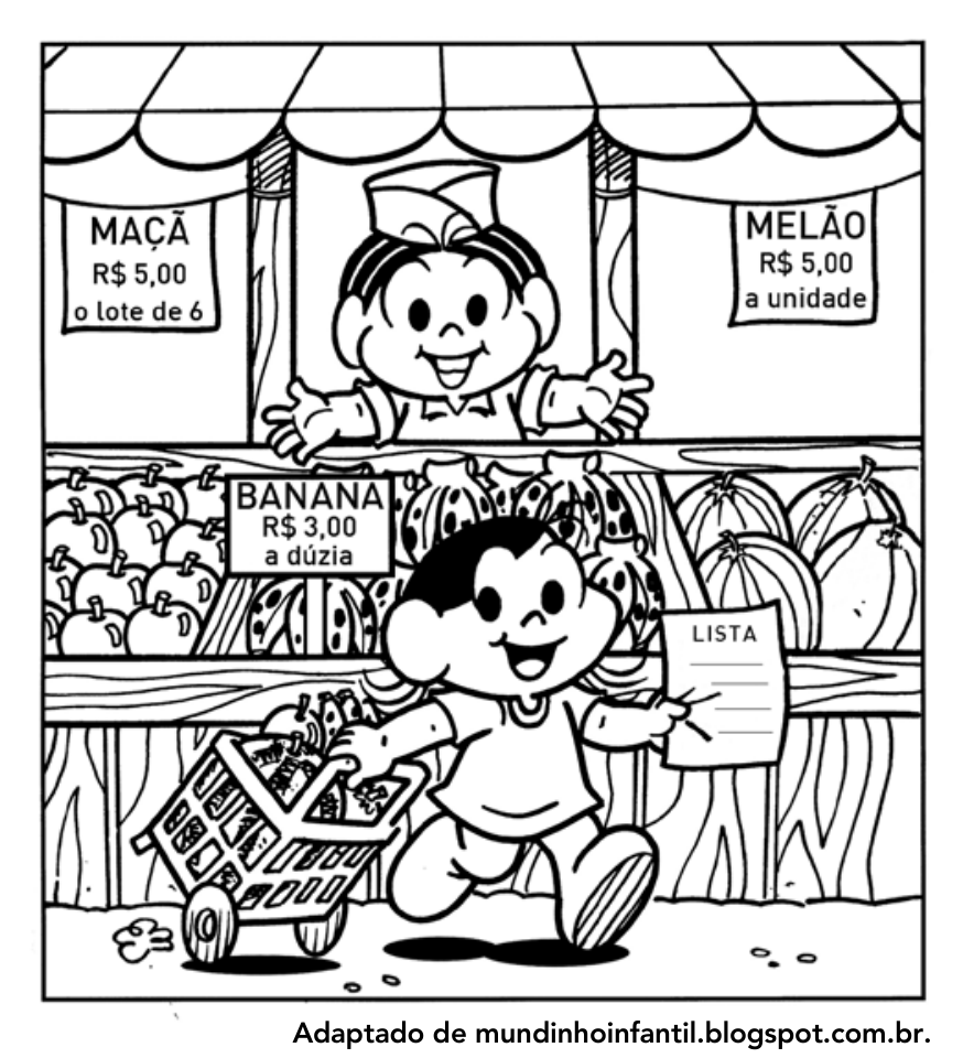 F1 Magali fazendo compras em uma barraca de feira com um carrinho e uma lista na mão. As placas na barraca mostram os preços: "MAÇÃ R$ 5,00 o lote de 6", "BANANA R$ 3,00 a dúzia" e "MELÃO R$ 5,00 a unidade".