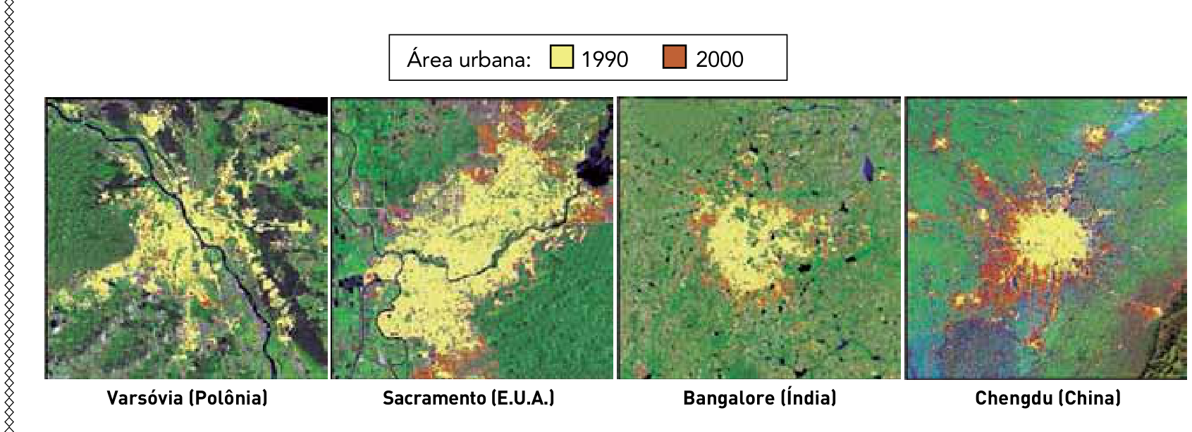 F1 Imagens de satélite da mancha de área urbana em quatro metrópoles, com legenda indicando área urbana em 1990 (amarelo) e expansão em 2000 (marrom): Varsóvia (Polônia), Sacramento (E.U.A.), Bangalore (Índia) e Chengdu (China).